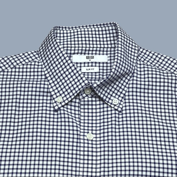 Uniqlo Slim Fit Gingham Button Down Collared LS Shirt Blue Size M EUC - Picture 3 of 6